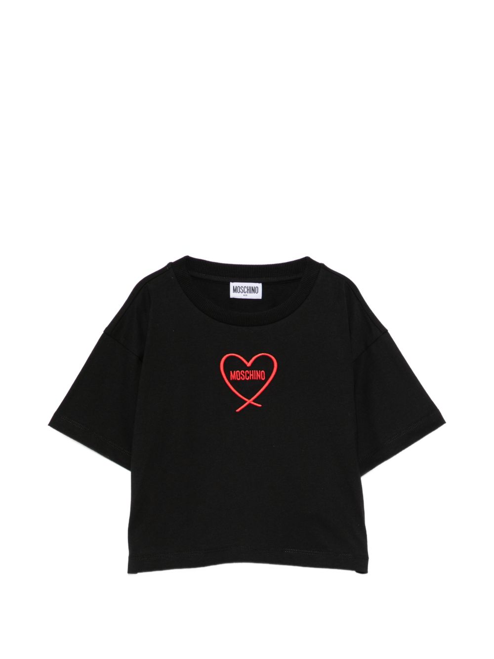 T-shirt per bambina Moschino Kids nera con stampa cuore con logo HDM078LAA10 60100 MOSCHINO KIDS 