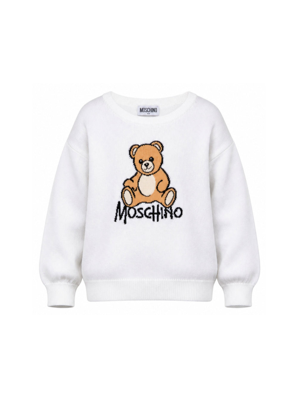 Maglione per bambini Moschino Kids bianca con ricamo orsetto sul davanti HMW01ALHE43 10101 MOSCHINO KIDS 