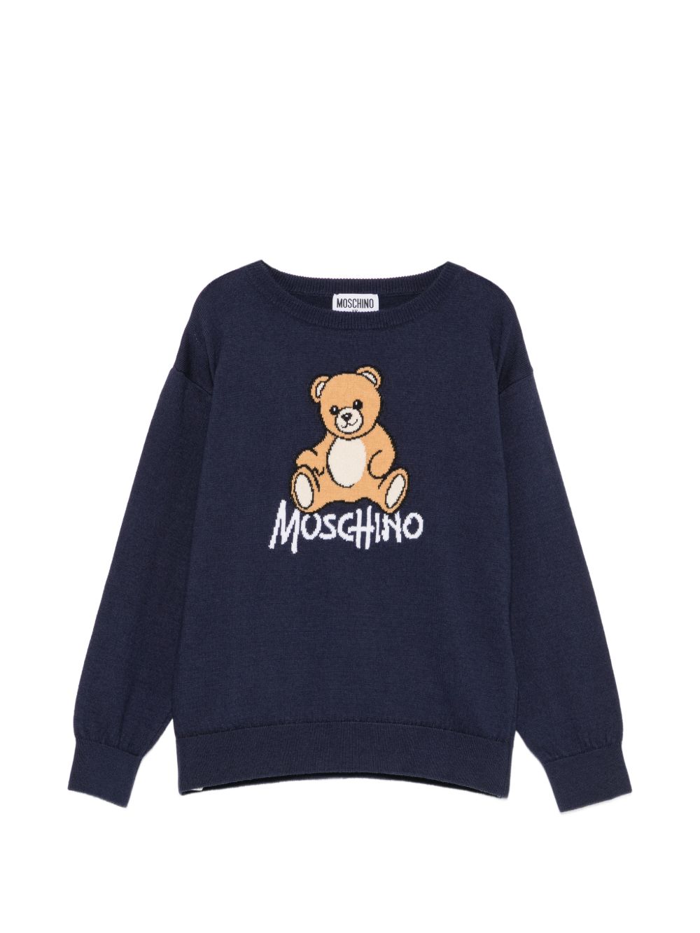 Maglione per bambini Moschino Kids blu navy con ricamo orsetto sul davanti HMW01ALHE43 40016 MOSCHINO KIDS 