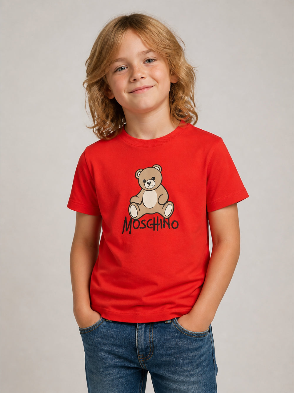 T-shirt per bambini Moschino Kids rossa con dettaglio Teddy bear HNM05VLAA10 50109 MOSCHINO KIDS 