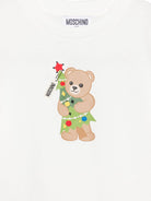 T-shirt per bambini Moschino Kids bianca con stampa Teddy con albero di Natale HQM05WLAA10 10063 MOSCHINO KIDS 