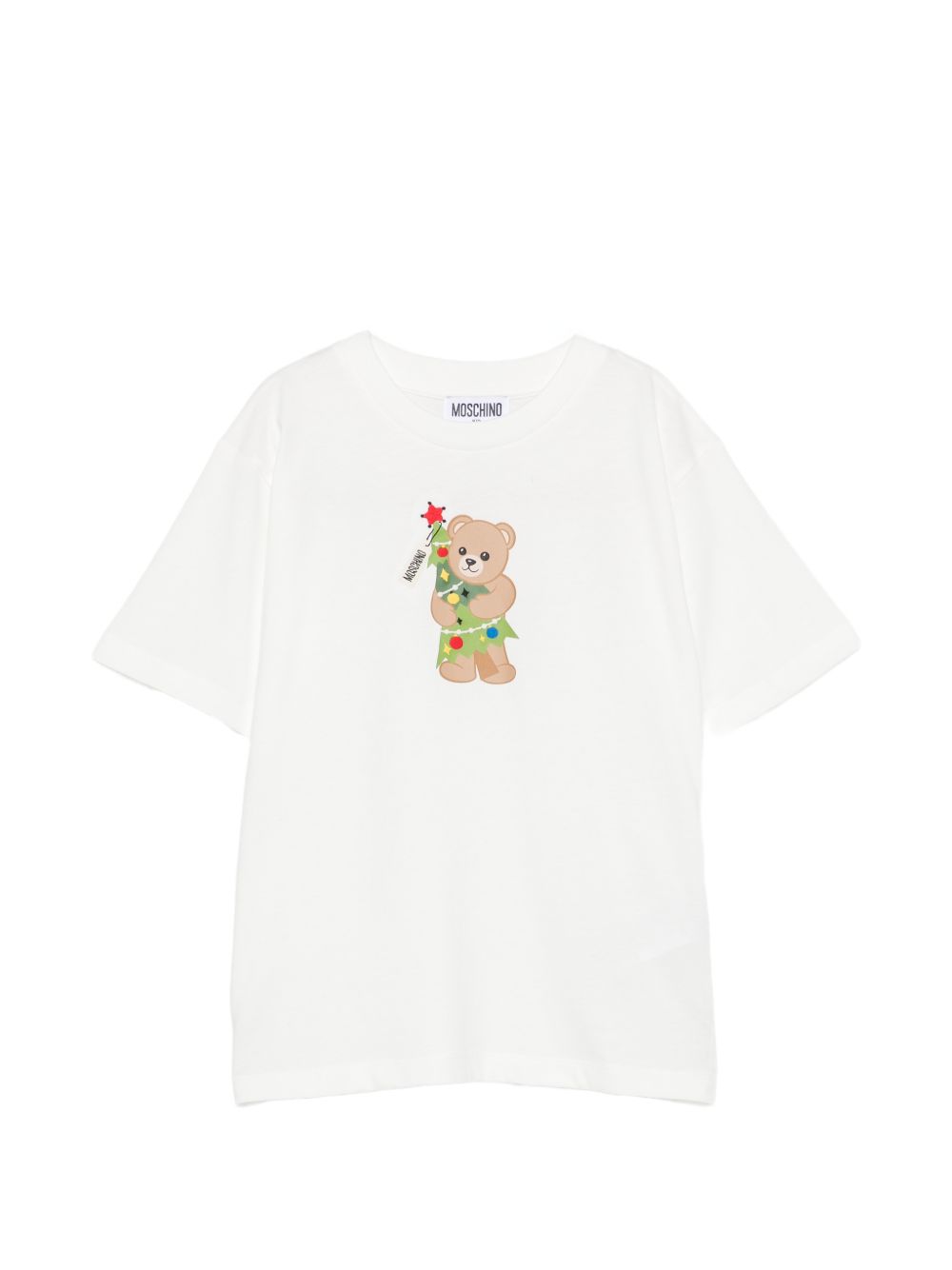 T-shirt per bambini Moschino Kids bianca con stampa Teddy con albero di Natale HQM05WLAA10 10063 MOSCHINO KIDS 