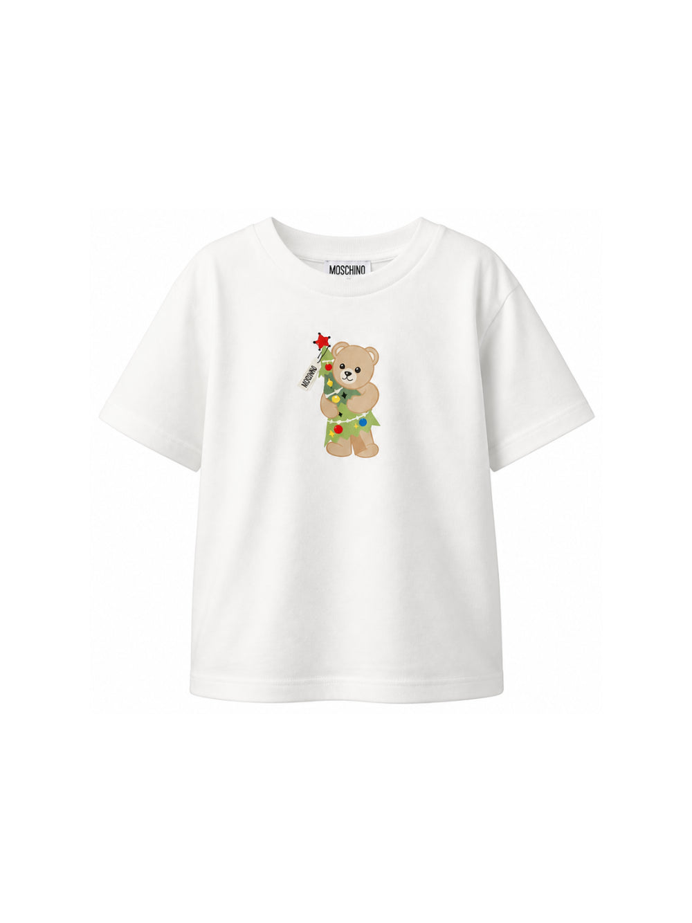 T-shirt per bambini Moschino Kids bianca con stampa Teddy con albero di Natale HQM05WLAA10 10063 MOSCHINO KIDS 