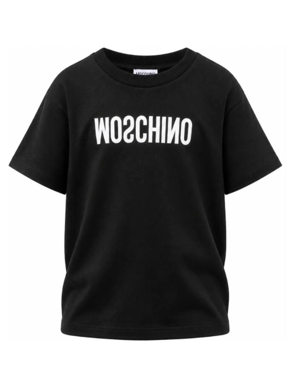 T-shirt per bambini Moschino Kids nera con logo sul davanti HTM05WLAA10 60100 MOSCHINO KIDS 