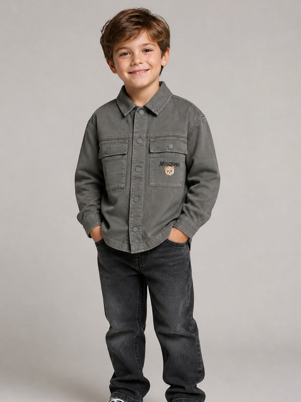 Camicia per bambino Moschino Kids grigia acciaio con colletto classico HUC02OLOC10 60380 MOSCHINO KIDS 