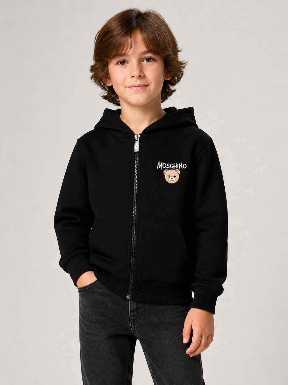 Felpa per bambino Moschino Kids nera con stampa Teddy sul davanti HUF0A4LCA83 60100 MOSCHINO KIDS 