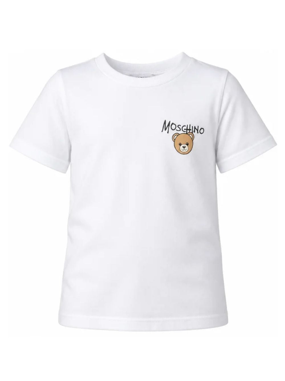 T-shirt per bambini Moschino Kids bianca con stampa logo sul davanti HUM05VLAA34 10101 MOSCHINO KIDS 