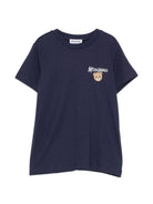 T-shirt per bambino Moschino Kids blu con stampa logo sul davanti HUM05VLAA34 40016 MOSCHINO KIDS 