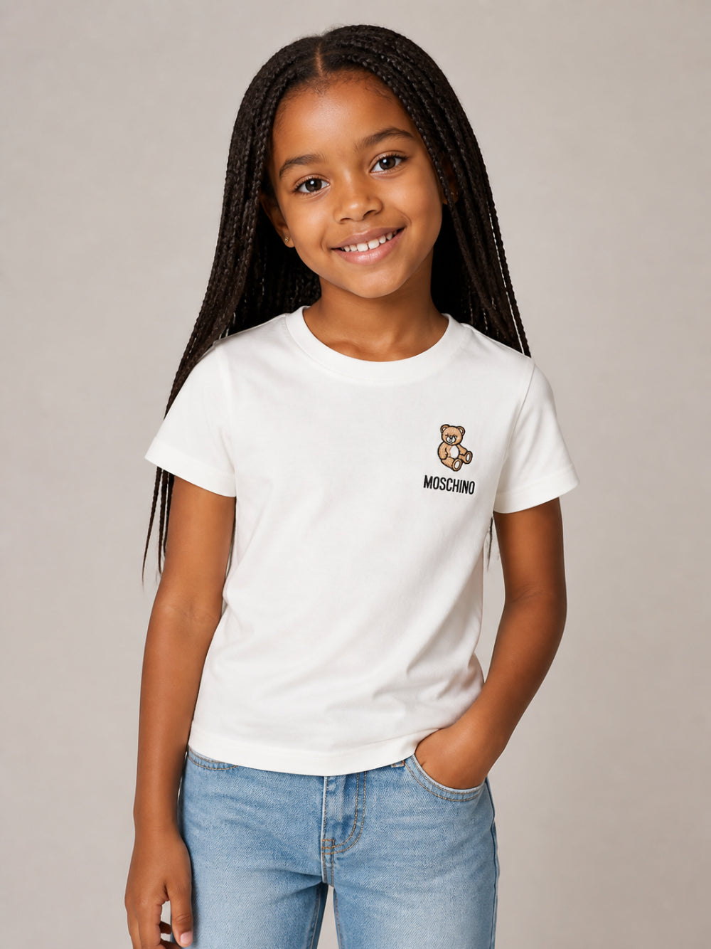 T-shirt per bambini Moschino Kids bianca con Teddy ricamato sul davanti HUM05YLAA59 10063 MOSCHINO KIDS 