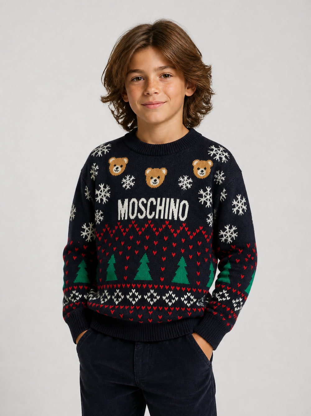 Maglione per bambino Moschino Kids blu  con applicazione orsacchiotto HUW01CLHE82 40016 MOSCHINO KIDS 