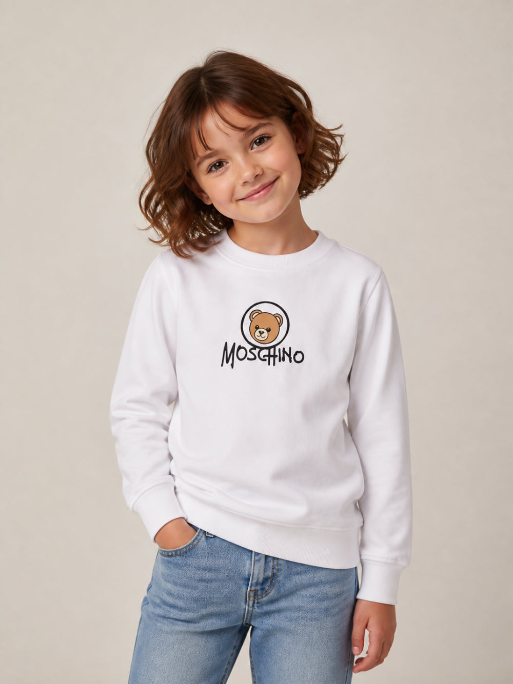 Felpa per bambino Moschino Kids bianco con stampa orsetto sul davanti HXF08VLCA83 10101 MOSCHINO KIDS 