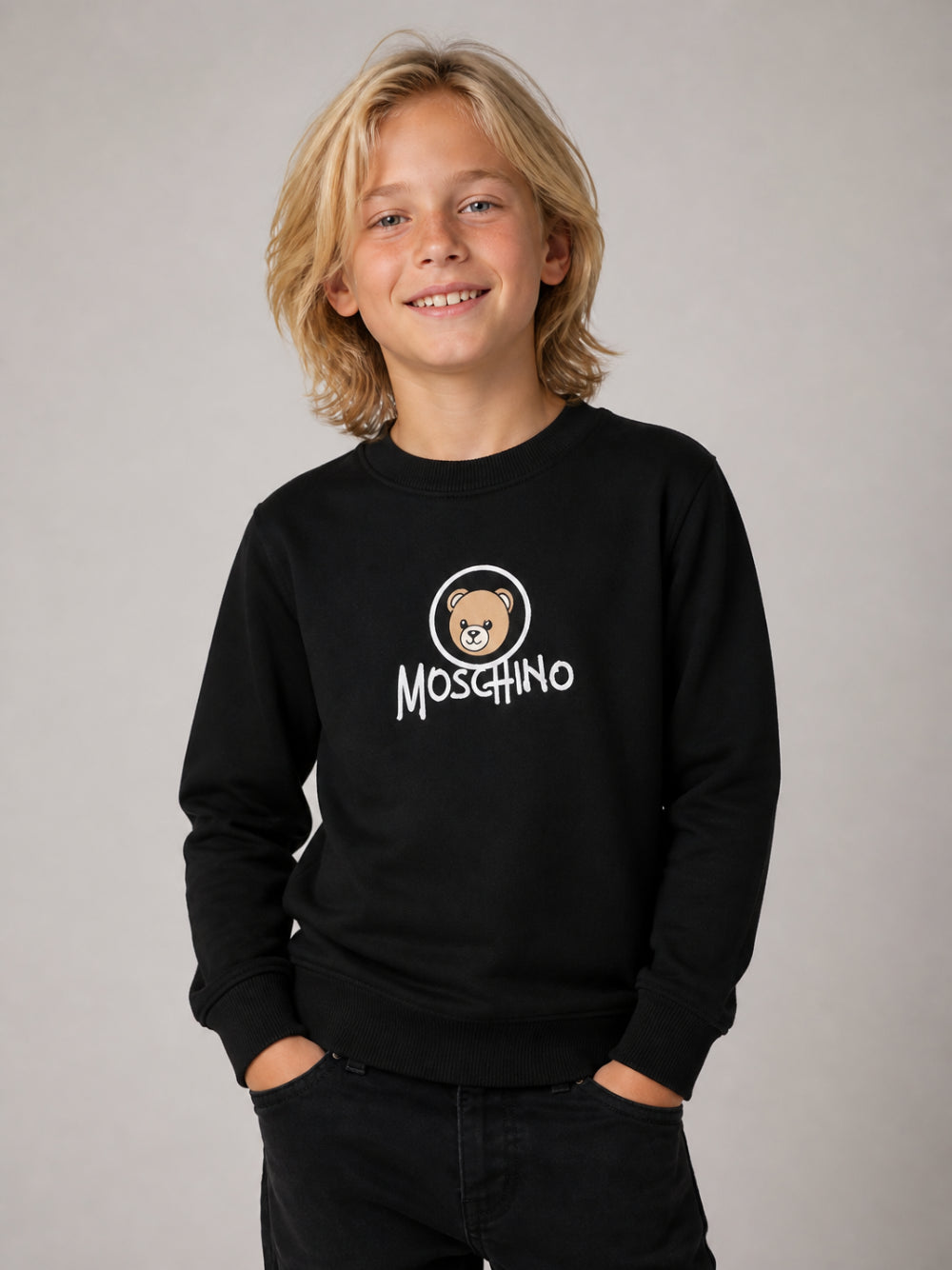 Felpa per bambini Moschino Kids nera con stampa orsetto sul davanti HXF08VLCA83 60100 MOSCHINO KIDS 