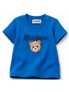 T-shirt per neonato Moschino Kids blu con stampa Teddy Bear sul davanti M6M047LAA34 40157 MOSCHINO KIDS 