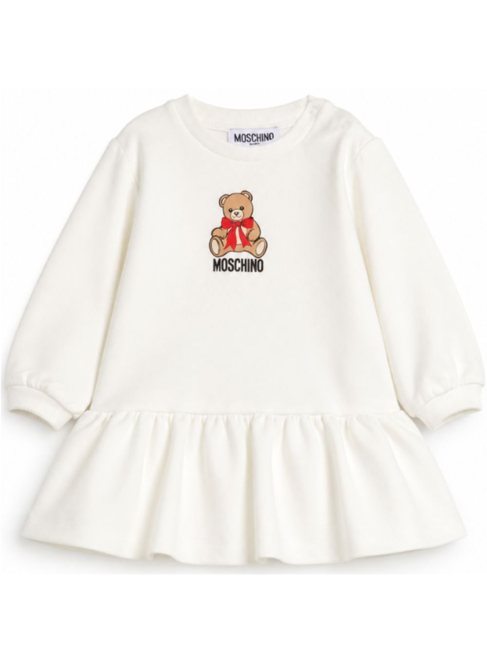 Abito per neonata Moschino Kids bianco con stampa orsetto sul davanti MBV0BKLDA18 10063 MOSCHINO KIDS 