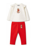 Completo t-shirt e pantaloni per neonata Moschino Kids bianco e rosso con motivo Teddy Bear MCK01XLBA11 83979 MOSCHINO KIDS 