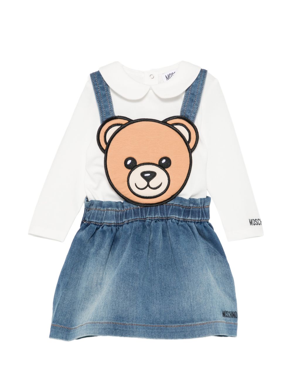 Completo in salopette per neonata Moschino Kids denim con orsacchiotto MDK03OLXE43 10063 MOSCHINO KIDS 