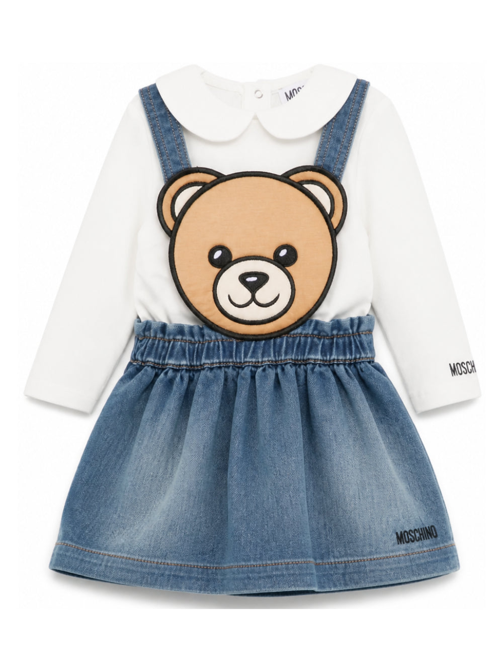 Completo in salopette per neonata Moschino Kids denim con orsacchiotto MDK03OLXE43 10063 MOSCHINO KIDS 