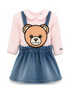 Completo in salopette per neonata Moschino Kids denim con orsacchiotto MDK03OLXE43 50209 MOSCHINO KIDS 