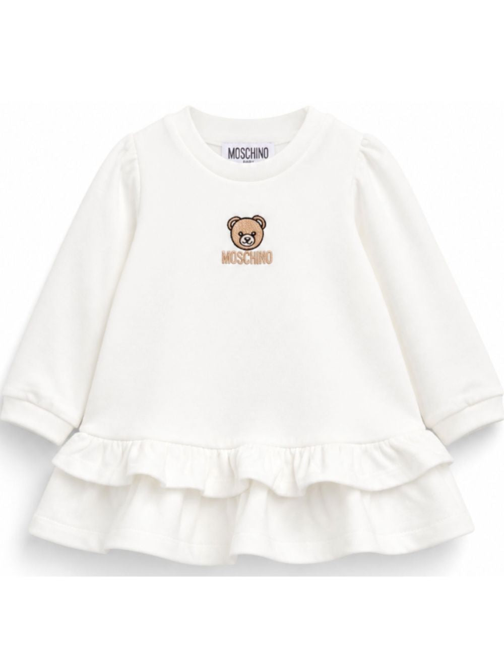 Abito per neonata Moschino Kids bianco con volant con motivo orsetto MDV0DQLCA40 10063 MOSCHINO KIDS 