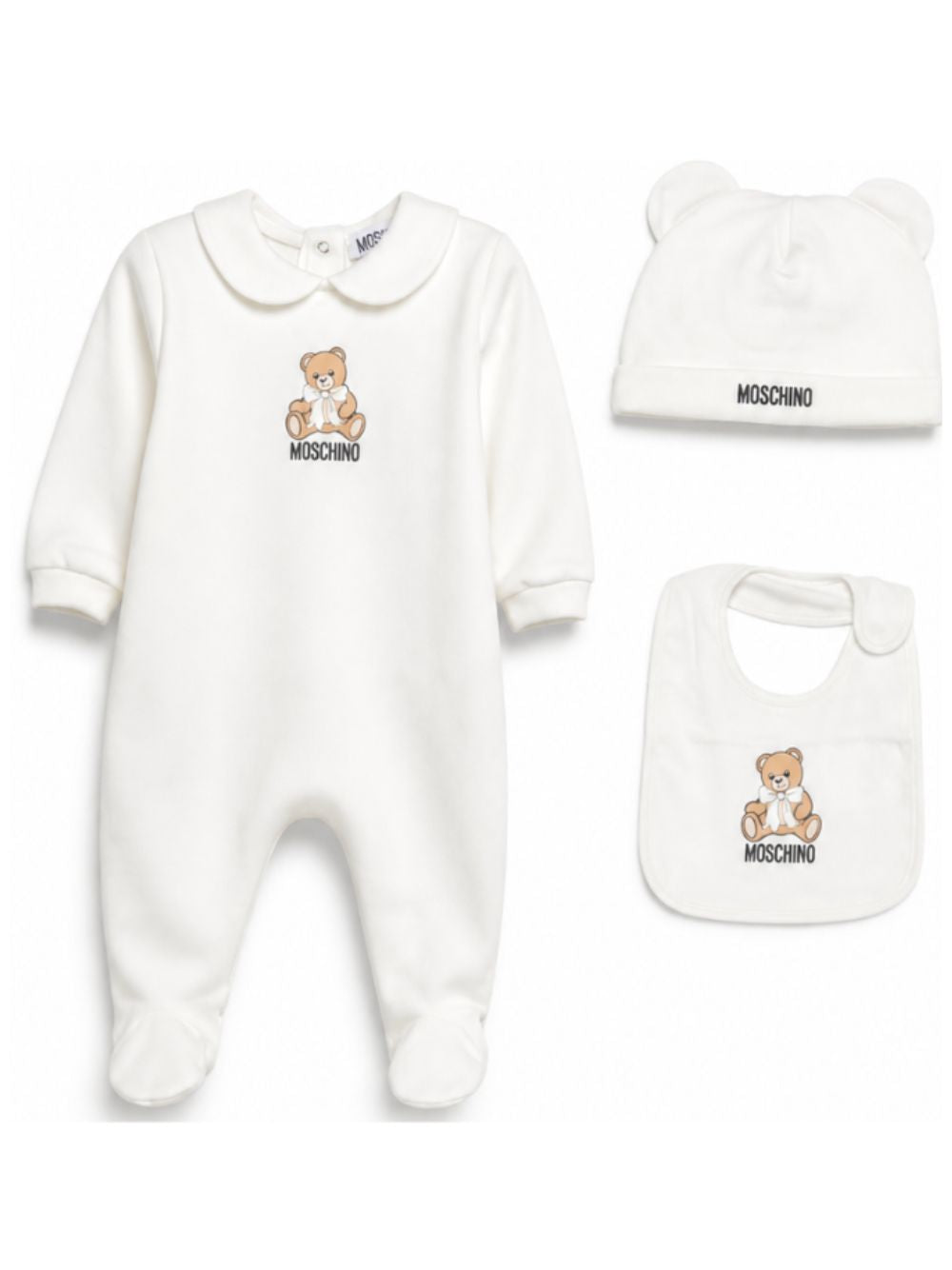 Set tutina, berretto e bavaglino per neonati Moschino Kids bianco con motivo Teddy Bear MNY08BLCA40 10063 MOSCHINO KIDS 