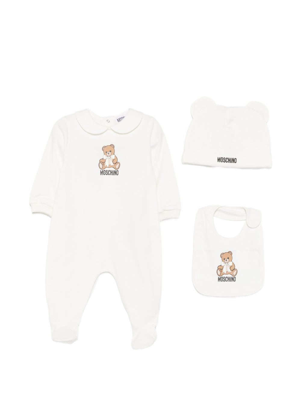 Set tutina, berretto e bavaglino per neonati Moschino Kids bianco con motivo Teddy Bear MNY08BLCA40 10063 MOSCHINO KIDS 
