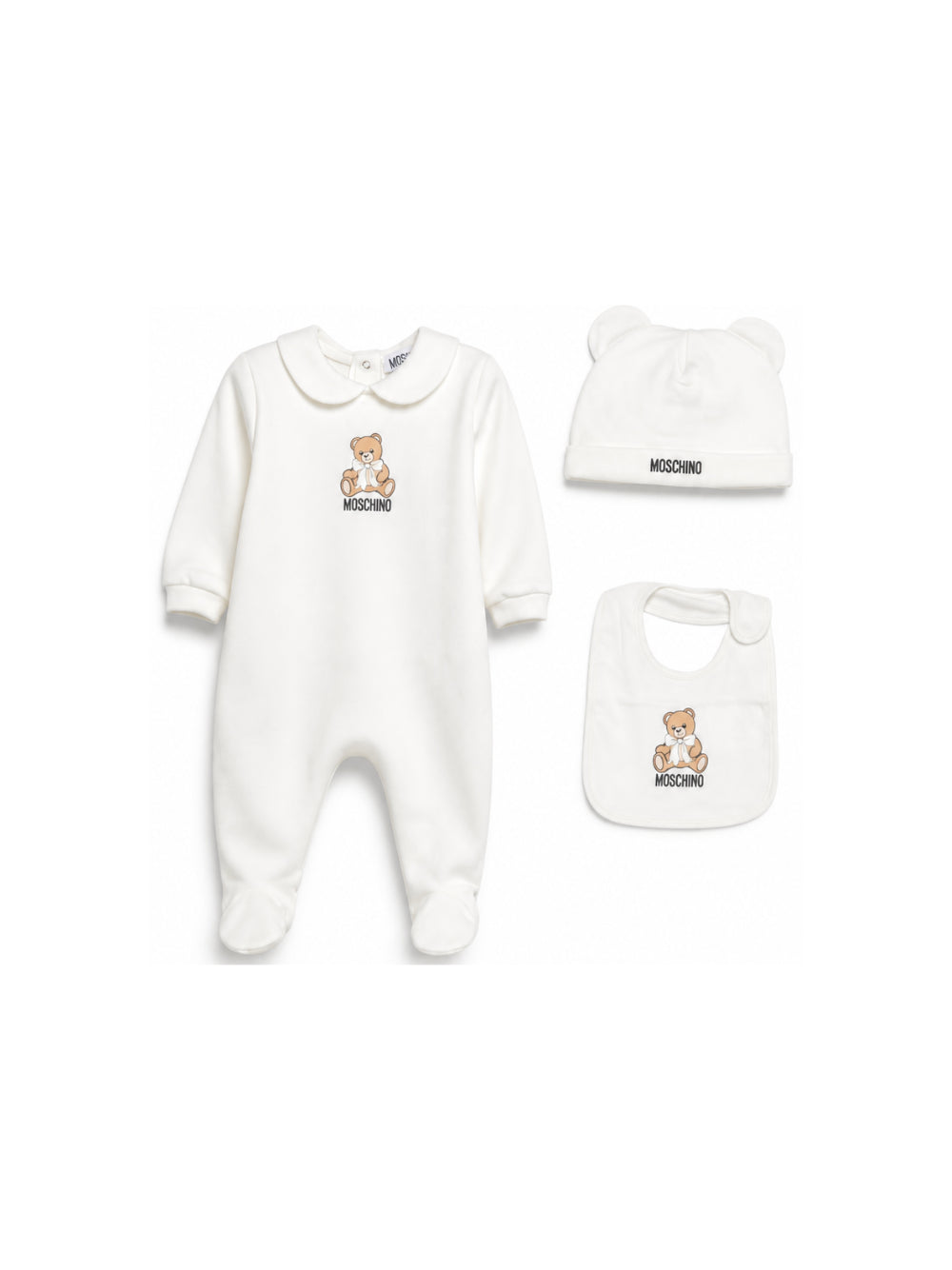 Set tutina, berretto e bavaglino per neonati Moschino Kids bianco con motivo Teddy Bear MNY08BLCA40 10063 MOSCHINO KIDS 
