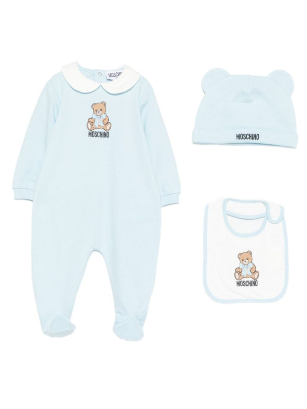Set tutina cappellino e bavetta per neonato Moschino Kids azzurro con stampa Teddy Bear MNY08BLCA40 40304 MOSCHINO KIDS 