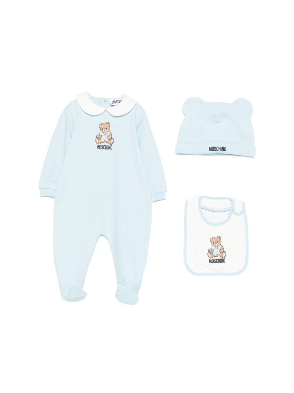 Set tutina cappellino e bavetta per neonato Moschino Kids azzurro con stampa Teddy Bear MNY08BLCA40 40304 MOSCHINO KIDS 