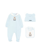 Set tutina cappellino e bavetta per neonato Moschino Kids azzurro con stampa Teddy Bear MNY08BLCA40 40304 MOSCHINO KIDS 
