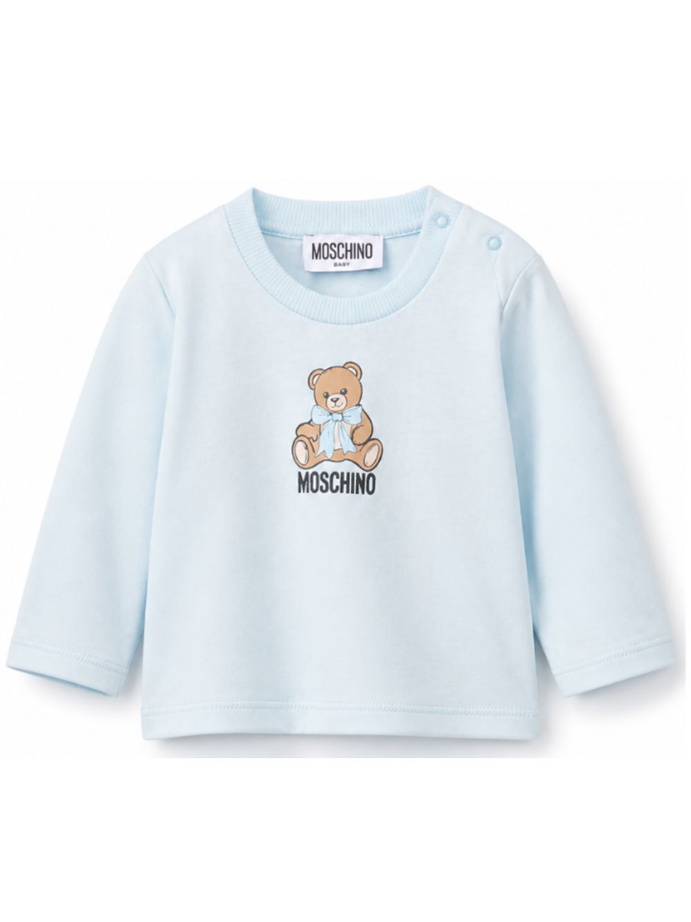 T-shirt per neonato Moschino Kids azzurra con stampa Teddy con dettaglio fiocco MTO014LAA10 40304 MOSCHINO KIDS 