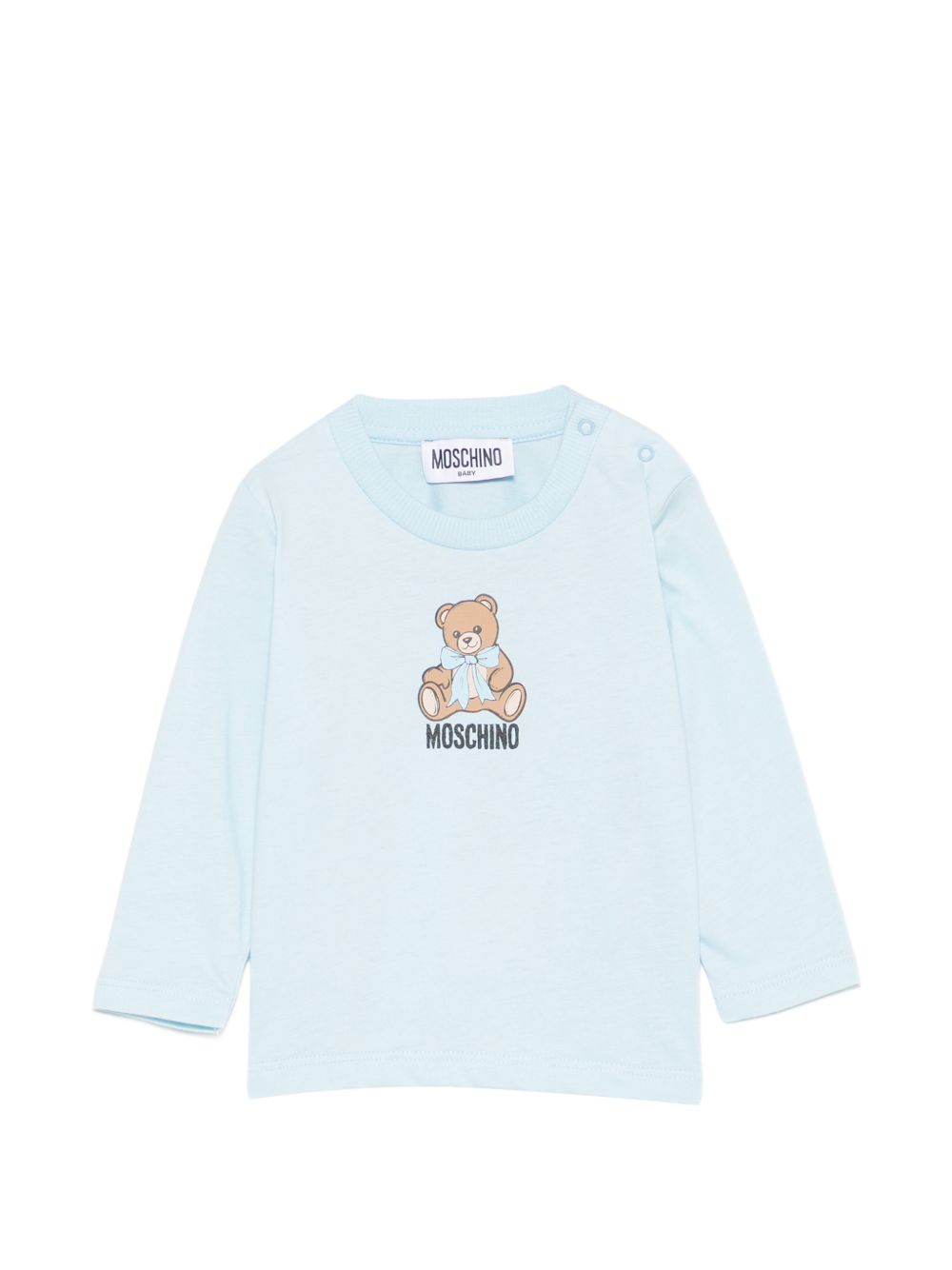 T-shirt per neonato Moschino Kids azzurra con stampa Teddy con dettaglio fiocco MTO014LAA10 40304 MOSCHINO KIDS 