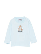 T-shirt per neonato Moschino Kids azzurra con stampa Teddy con dettaglio fiocco MTO014LAA10 40304 MOSCHINO KIDS 