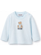 T-shirt per neonato Moschino Kids azzurra con stampa Teddy con dettaglio fiocco MTO014LAA10 40304 MOSCHINO KIDS 