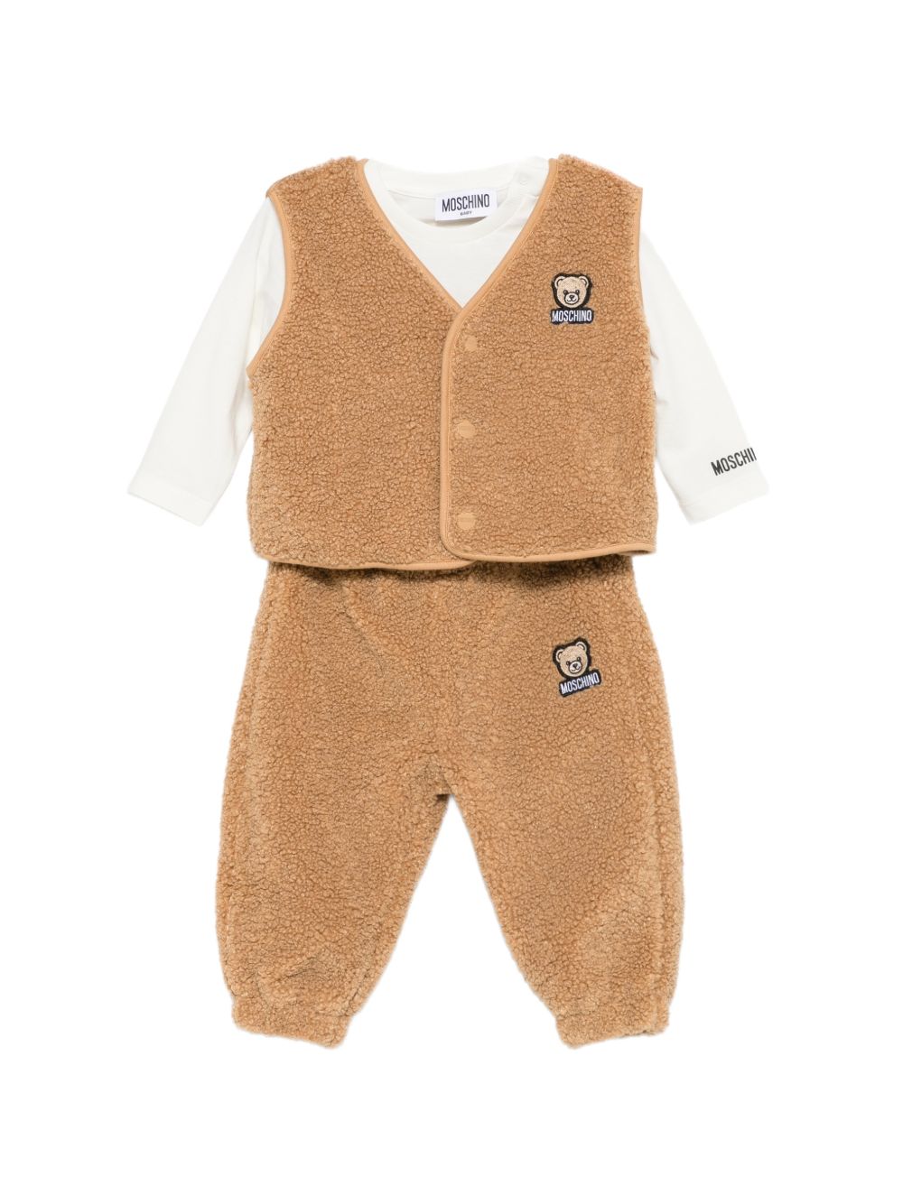 Completo per neonato Moschino Kids marrone in finta pelliccia di montone (set da tre) MUK05TLIA00 20351 MOSCHINO KIDS 