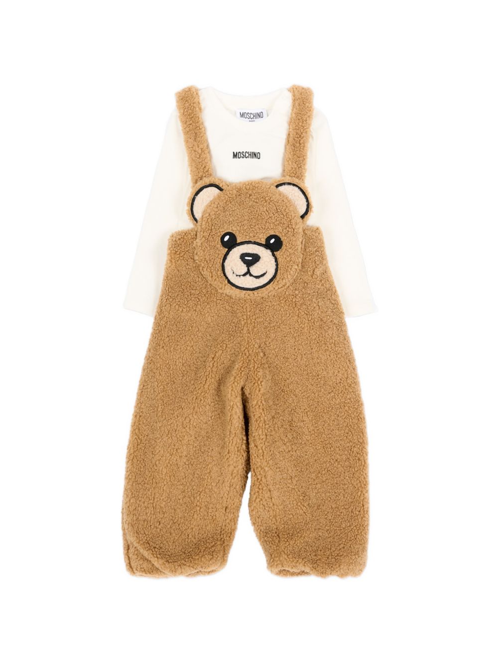 Set t-shirt e salopette per neonato Moschino Kids beige con applicazione Teddy Bear MUK05WLIA00 20351 MOSCHINO KIDS 