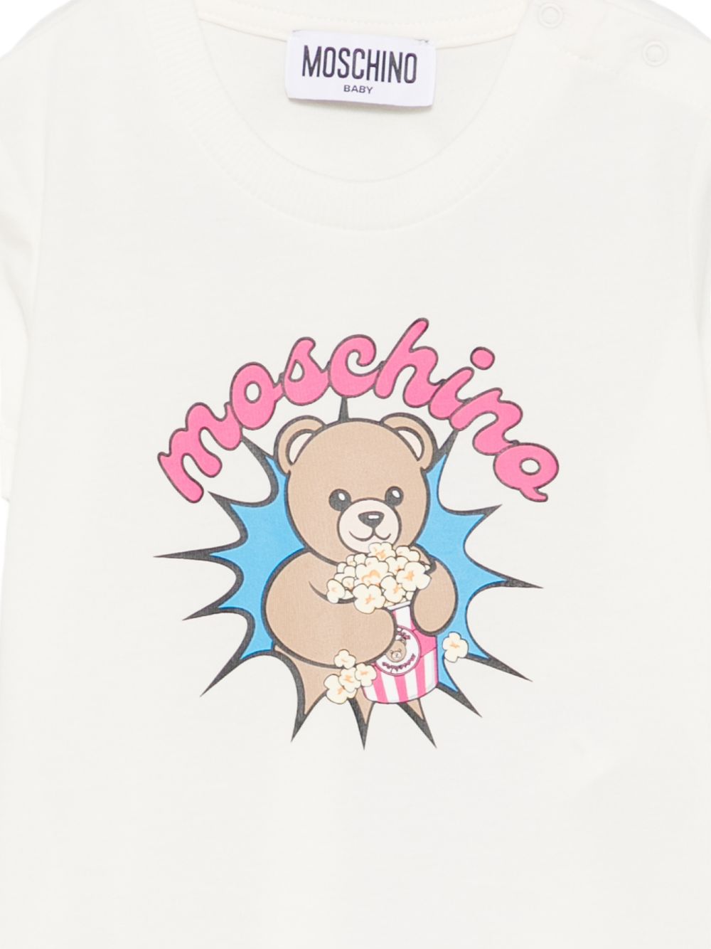 T-shirt per neonato Moschino Kids bianca con stampa popcorn con orsacchiotti MUM04WLAA57 10063 MOSCHINO KIDS 