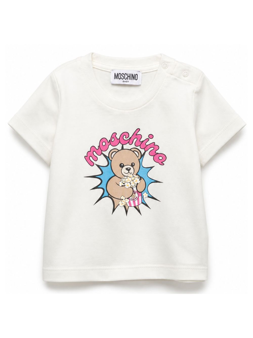 T-shirt per neonato Moschino Kids bianca con stampa popcorn con orsacchiotti MUM04WLAA57 10063 MOSCHINO KIDS 