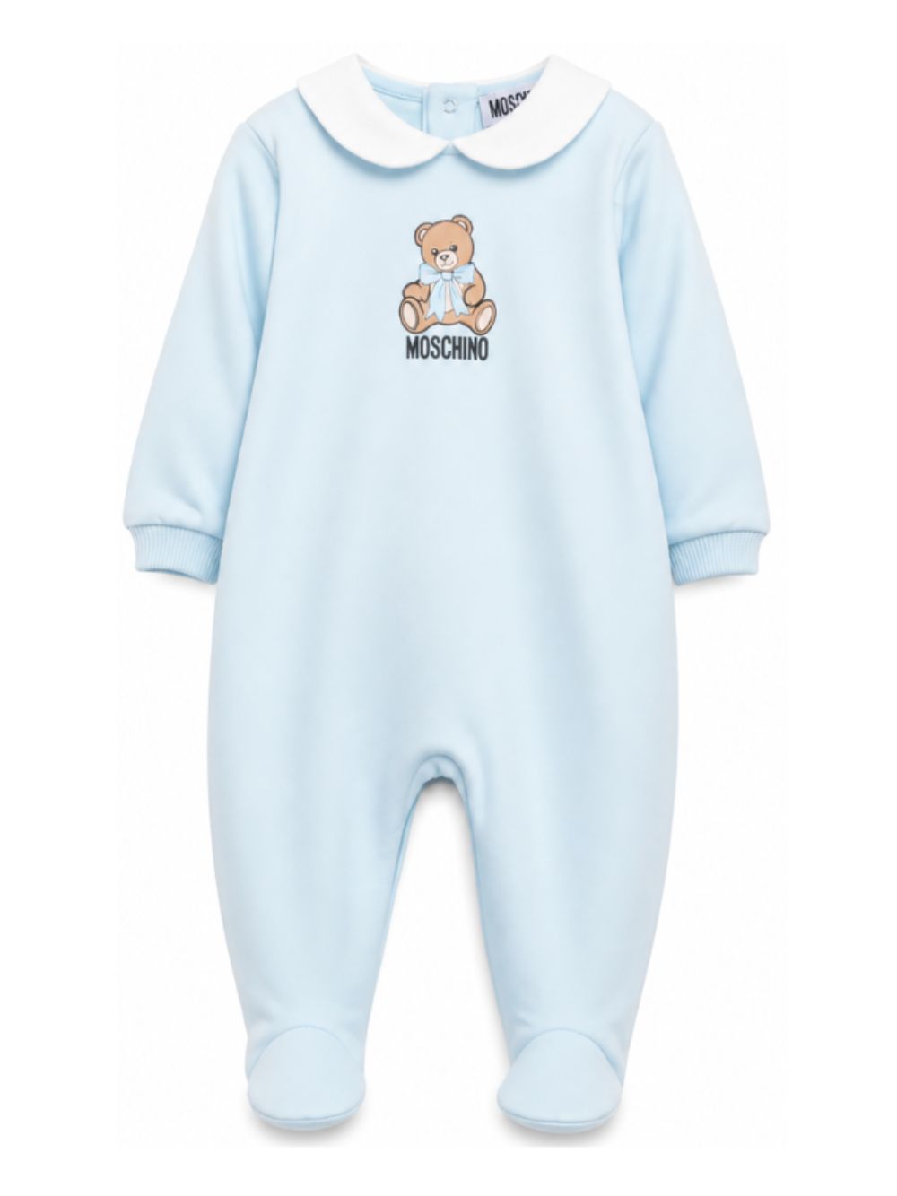 Tutina per neonato Moschino Kids azzurra con colletto alla Peter Pan MUT04ZLCA40 40304 MOSCHINO KIDS 