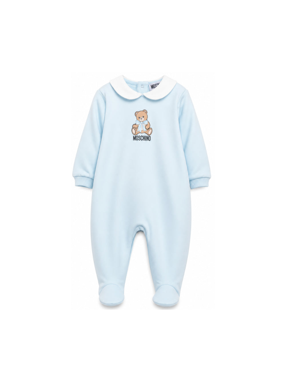 Tutina per neonato Moschino Kids azzurra con colletto alla Peter Pan MUT04ZLCA40 40304 MOSCHINO KIDS 