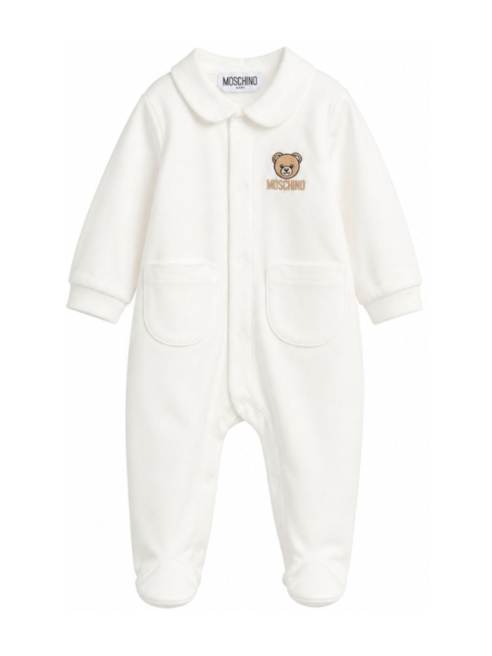 Tutina per neonati Moschino Kids bianca con motivo orsetto ricamato sul davanti MUY09DLCA40 10063 MOSCHINO KIDS 