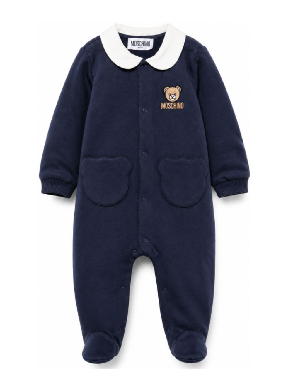 Tutina per neonati Moschino Kids blu navy con motivo orsetto ricamato sul davanti MUY09DLCA40 40016 MOSCHINO KIDS 