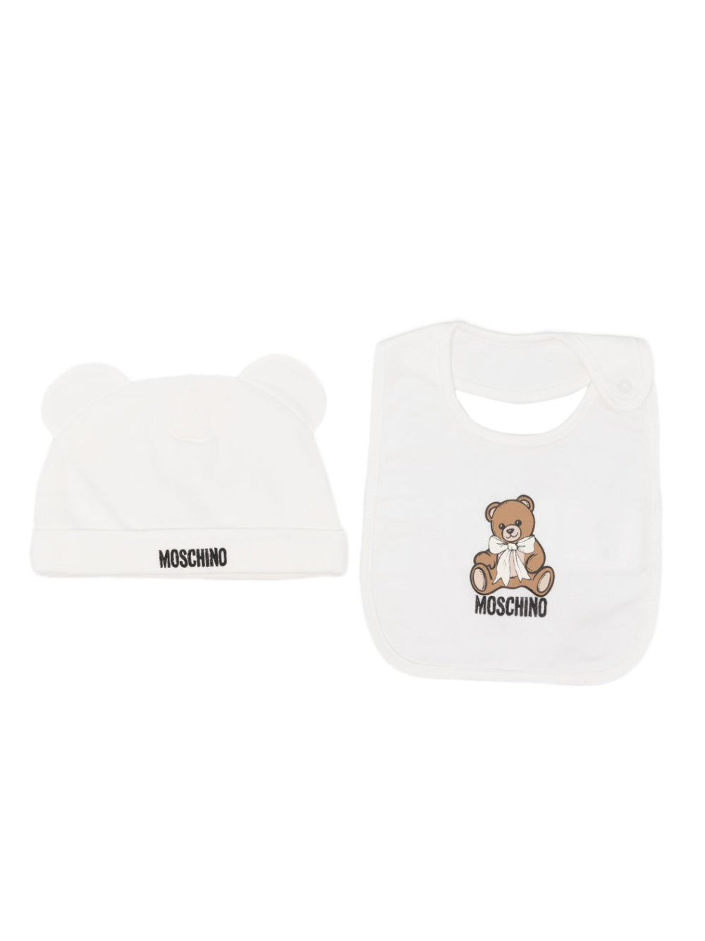 Set cappellino e bavetta per neonati Moschino Kids bianco con stampa Teddy Bear MUY09LLCA40 10063 MOSCHINO KIDS 