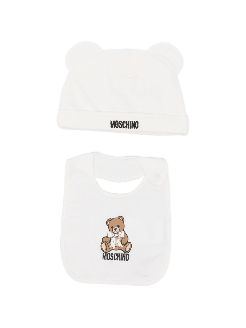 Set cappellino e bavetta per neonati Moschino Kids bianco con stampa Teddy Bear MUY09LLCA40 10063 MOSCHINO KIDS 