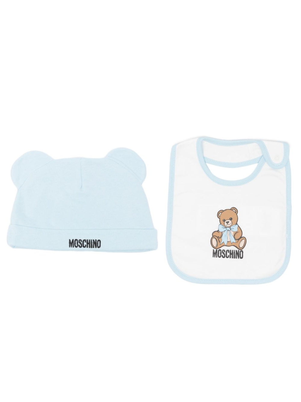 Set cappellino e bavetta per neonato Moschino Kids azzurro con stampa Teddy Bear MUY09LLCA40 40304 MOSCHINO KIDS 