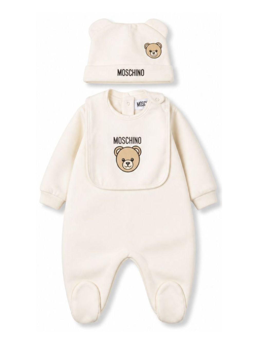 Set tutina, berretto e bavaglino per neonati Moschino Kids bianco con stampa Teddy Bear MUY09PLCA40 10063 MOSCHINO KIDS 
