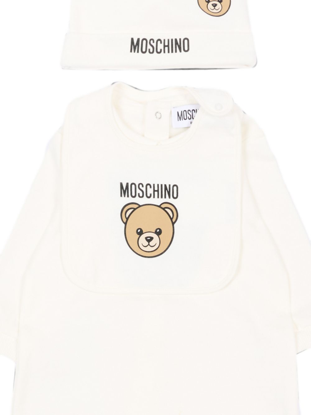 Set tutina, berretto e bavaglino per neonati Moschino Kids bianco con stampa Teddy Bear MUY09PLCA40 10063 MOSCHINO KIDS 