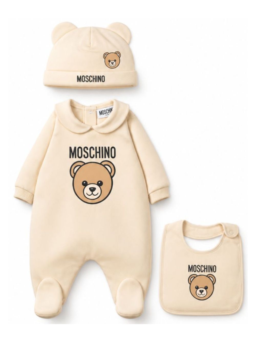 Set tutina, berretto e bavaglino per neonati Moschino Kids beige con stampa Teddy Bear MUY09PLCA40 20404 MOSCHINO KIDS 