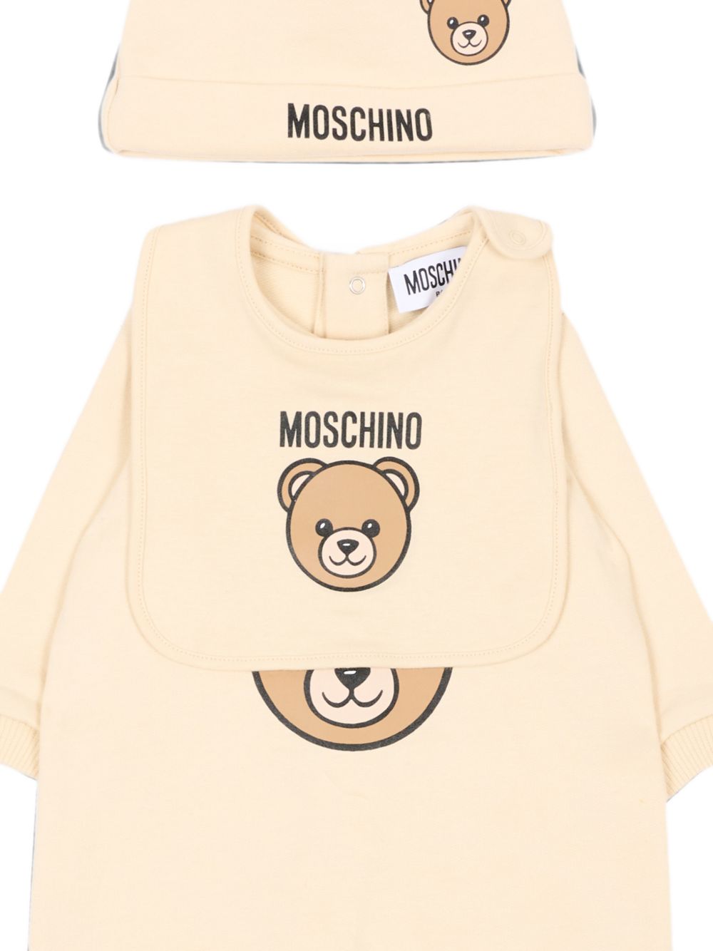 Set tutina, berretto e bavaglino per neonati Moschino Kids beige con stampa Teddy Bear MUY09PLCA40 20404 MOSCHINO KIDS 