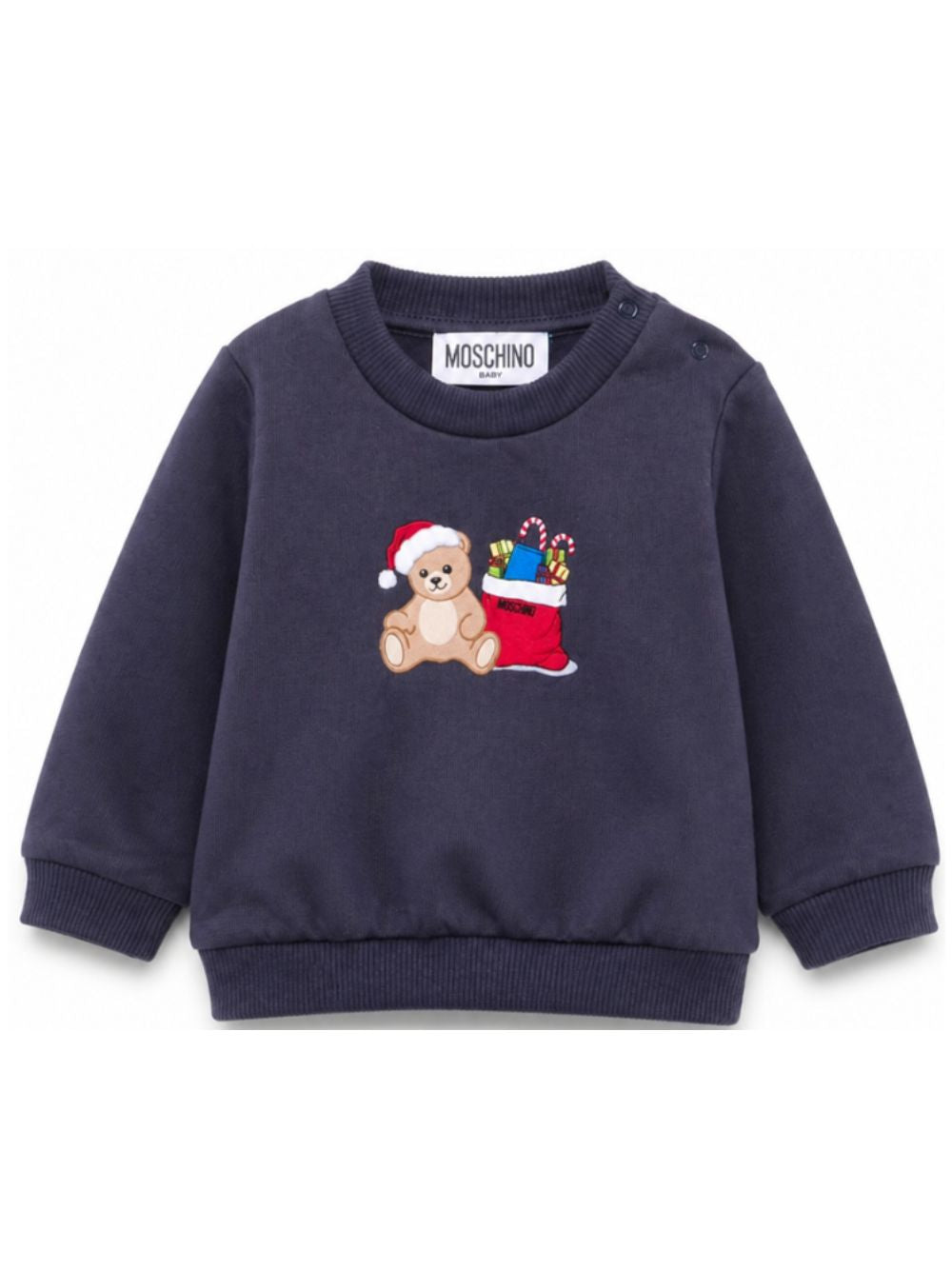 Felpa per neonato Moschino Kids blu con stampa Teddy Bear con regali di Natale MZF060LCA61 40016 MOSCHINO KIDS 
