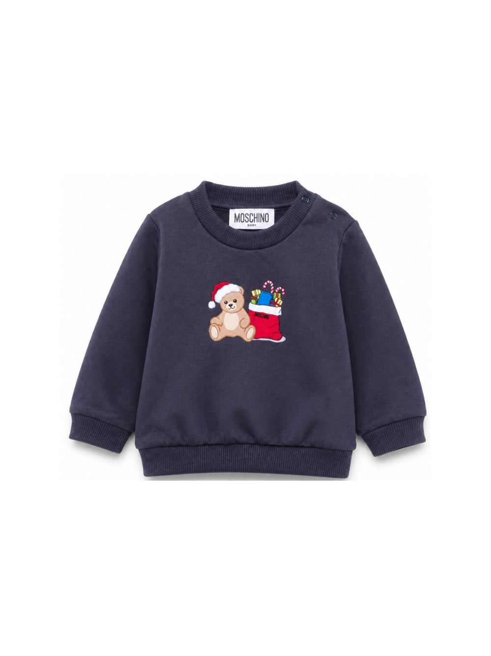 Felpa per neonato Moschino Kids blu con stampa Teddy Bear con regali di Natale MZF060LCA61 40016 MOSCHINO KIDS 